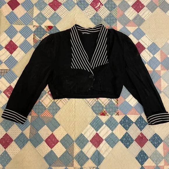 Vintage 1950 Black White Bolero Crop Top Vamp Rockabilly Sexy Short Blouse Small - Picture 6 of 14